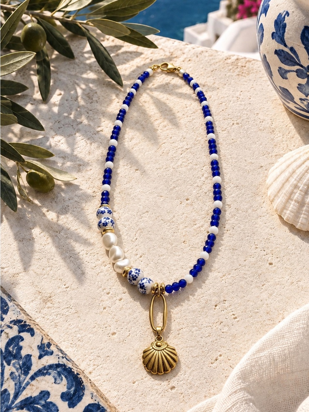 Handcrafted Blue & White Beaded Shell Pendant Necklace